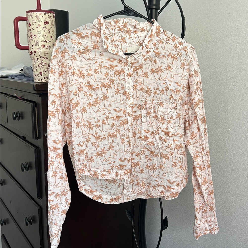 American Eagle Outfitters White and Orange Button Down Shirt